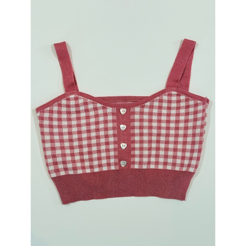 Pink Gingham Knit Crop Top Heart Button Camisole‎ Tank Womens